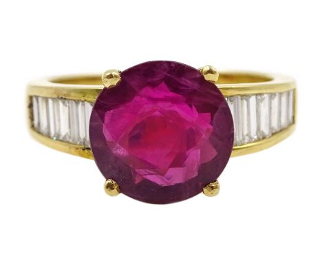  18ct gold round ruby ring, with baguette diamond shoulders, ruby approx 3.30 carat, diamond total weight approx 0.80 carat  