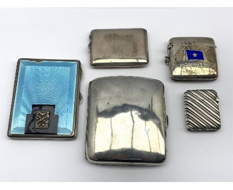  Silver and blue enamel cigarette case with a marcasite panel Birmingham 1930, plain silver cigarette case, silver vesta case