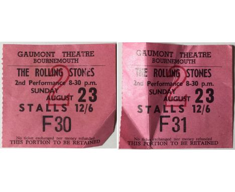 THE ROLLING STONES GAUMONT TICKETS. Two original ticket stubs for a Rolling Stones concert at the Bournemouth Gaumont on Sund