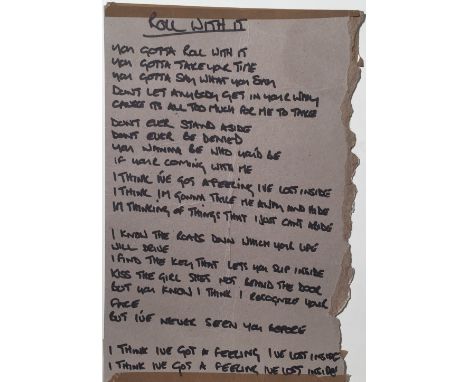 OASIS HANDWRITTEN LYRICS - ROLL WITH IT. A set of handwritten lyrics on card in the hand of Noel Gallagher for Oasis 'Roll Wi
