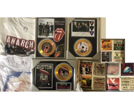 CLASSIC ROCK COLLECTABLES. To include: two unworn Sex Pistols t-shirts (L), a commemorative David Bowie glass ornament, a Led