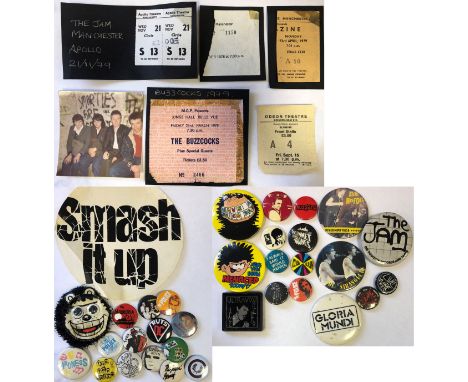 PUNK BADGES/STICKERS/TICKET STUBS. Approximately 36 items to include: 30x punk badges with artists to include:Ultravox, Sioux