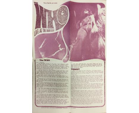 FAIRFIELD HALL CROYDON FLYER ARCHIVE - THE WHO. A promotional fold out poster/biography sheet, printed for the September 1969