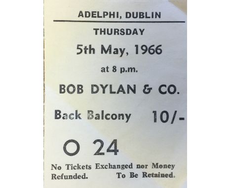 BOB DYLAN 1966 DUBLIN TICKET STUB. An original ticket stub for Bob Dylan at the Adelphi, Dublin on 5th May 1966. Measures 2 1