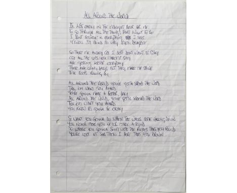 OASIS HANDWRITTEN LYRICS - ALL AROUND THE WORLD. A set of handwritten lyrics on paper in the hand of Noel Gallagher for Oasis