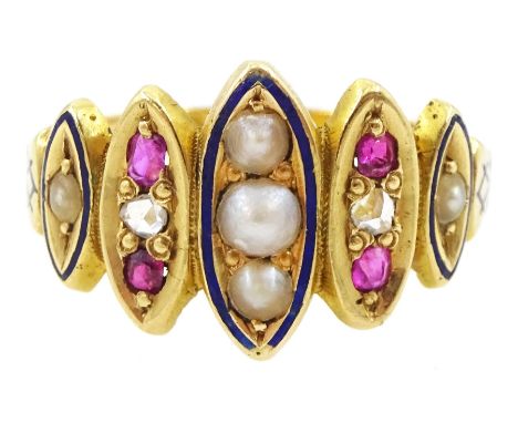 Victorian 18ct gold pearl, diamond, ruby and enamel ring, five graduating marquise shaped panels set with alternate pearl, ru