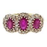 9ct gold three stone oval cut ruby and round brilliant cut diamond cluster ring