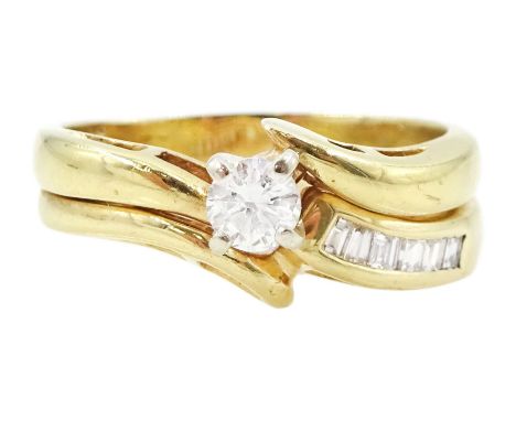 14ct gold round brilliant cut diamond ring, one shoulder set with baguette cut diamonds, stamped, principal diamond approx 0.