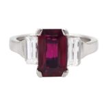 18ct white gold three stone emerald cut Thai ruby and baguette cut diamond ring