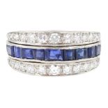 18ct white gold three row calibre cut sapphire and single cut diamond ring