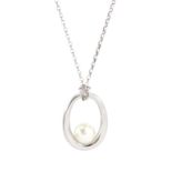 White gold cultured white pearl oval pendant