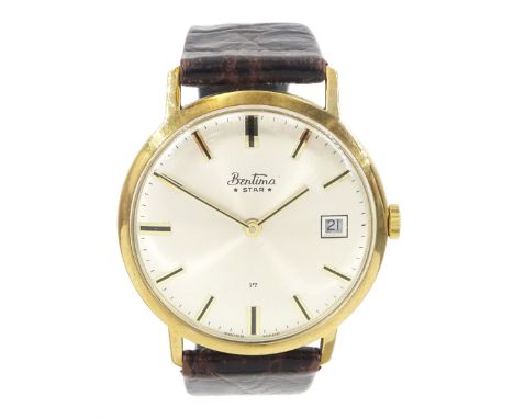 Bentima Star gentleman's 9ct gold manual wind wristwatch, silvered dial with baton hour markers and date aperture, Sheffield 