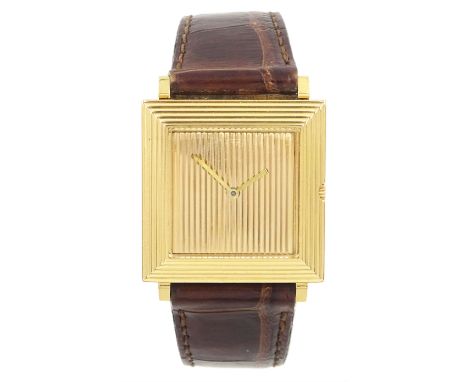 Boucheron 18ct gold manual wind wristwatch, Ref. 908.247, square gold ridged dial and bezel, eagle hallmark, on brown leather