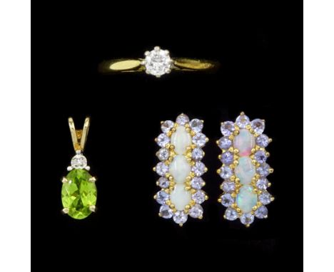 18ct gold single stone round brilliant cut diamond ring, pair of 9ct gold tanzanite and opal hoop stud earrings and a 9ct gol
