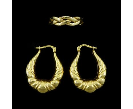 Gold plaited ring and a pair of gold hoop earrings, both hallmarked 9ctCondition Report:Approx 6.25gm, earring length 30mm, r