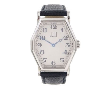 Alfred Dunhill gentleman's stainless steel manual wind wristwatch, silvered octagonal dial with Arabic hour markers, on origi