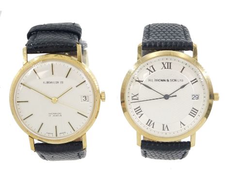 H.L. Brown & Sons gentleman's 9ct gold manual wind wristwatch, silvered dial with baton hour markers and date aperture and on