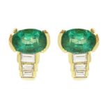 Pair of 14ct gold oval cut emerald and baguette cut diamond