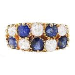 Victorian 18ct gold two row diamond and sapphire ring