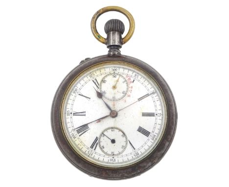 Early 20th century gun metal open face double sided chronograph speed indicator pocket watch by Mensor, white enamel dial wit
