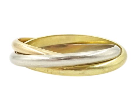 Tricoloured gold trinity ringCondition Report:Approx 6.75gm, tested 17ct although stamped 750, size R-S, depth = approx 5mm