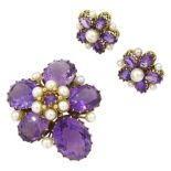 Early 20th century 9ct gold amethyst and pearl flower head brooch and a similar pair of 9ct gold stu