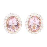 Pair of 18ct rose gold oval cut morganite and round brilliant cut diamond cluster stud earrings