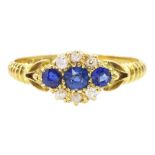 Edwardian 18ct gold three stone sapphire and old cut diamond cluster ring