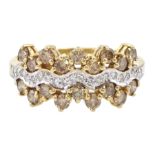 9ct gold three row round brilliant cut fancy light brown diamond and white diamond ring