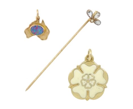 Gold White Rose of York pendant, opal Australia pendant and an early 20th century gold aquamarine and seed pearl stick pin, a