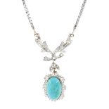 White gold turquoise doublet and white spinel pendant necklace