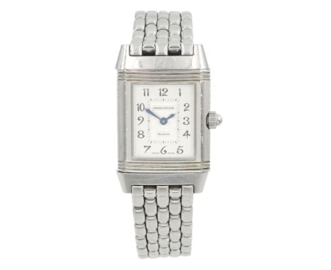 Jaeger-LeCoultre Reverso Duetto ladies stainless steel manual wind wristwatch, Ref. 266.8.44, silvered dial with Arabic numer