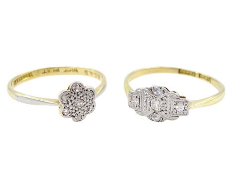 Early 20th century gold milgrain set single cut diamond ring panel ring, stamped 18ct Plat and a gold single cut diamond flow