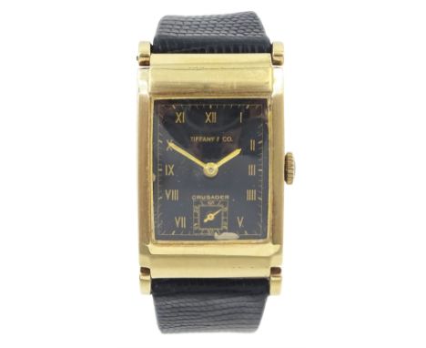 Crusader 9ct gold manual wind wristwatch, No.85484, black dial with Roman numeral hour markers, subsidiary seconds dial and s