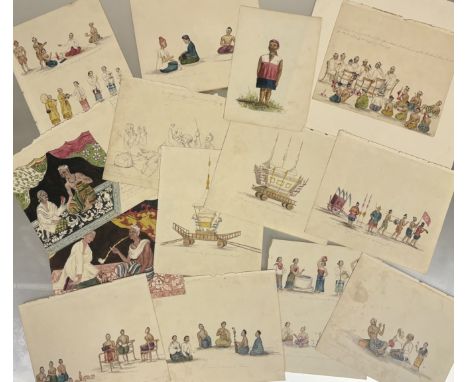 English School, 20th Century, a collection of twelve watercolour sketches and one pencil sketch depicting Burmese subjects, p