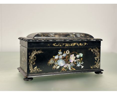 A large Victorian papier mache tea caddy in the manner of Jennens &amp; Bettridge, painted, parcel-gilt&nbsp; and inlaid with
