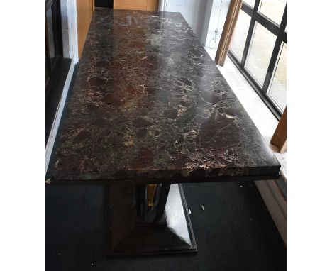 A modern Art Deco style dining table with substantial rectangular marble top on metal base, 200 x 75cm. 