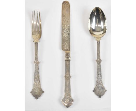 MARTIN, HALL &amp; CO; a Victorian hallmarked silver cased set comprising knife, fork and spoon, Sheffield 1851, approx 3.64o