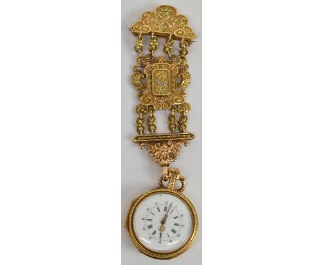 A Continental yellow metal fob watch with white enamel dial and pendant suspension.