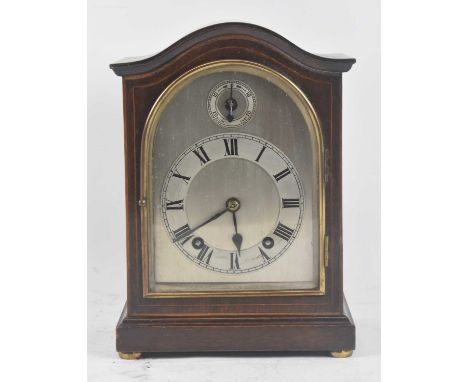 WINTERHALDER &amp; HOFMEIER; an Edwardian mahogany and boxwood strung eight day mantel clock, height 27cm. 