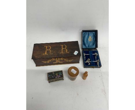 A Continental rosewood rectangular box inlaid with initials 'R R', length 24.5cm, a glass beaker in Mauchlineware holder, a t