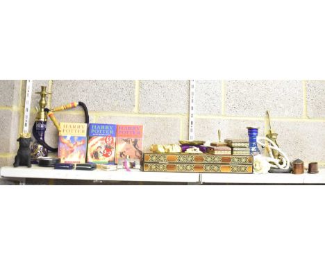 A mixed lot of collectors' items including backgammon board, several Persian style boxes, three Harry Potter books including 