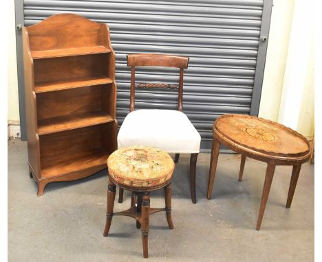 A reproduction waterfall type bookcase, a 19th century inlaid tray top table, a dining chair and a piano stool (4). 