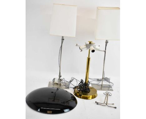 A pair of contemporary metal table lamps stamped 'CLCL', height to top of shade 69cm, also a brass four branch table lamp wit