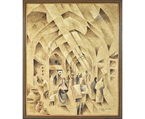 PARVIZ KALANTARI (Iranian, born 1931); oil and straw on canvas, market scene, signed and dated 1988, 70 x 55cm, framed. Condi