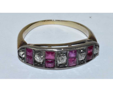A yellow metal ruby and diamond ring, size L/M, approx. 3.2g. 