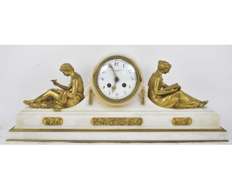 A 19th century French white marble and ormolu mounted eight day mantel clock with white enamel dial set with Arabic numerals 