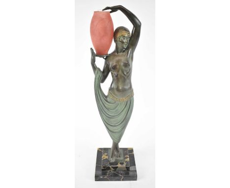 † FAYRAL (PIERRE LE FAGUAYS, 1892-1962); an Art Deco green and gilt patinated metal figural lamp modelled as a semi-naked mai