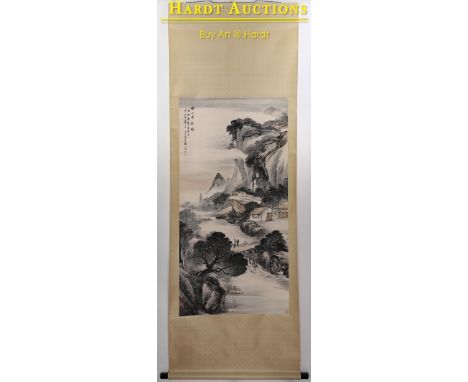 Dimensions: 99 cm x 44 cmHanging scroll with strong ink painting of a Chinese landscape showing a small pavilion with people 