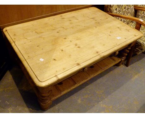 Large rectangular pine coffee table with single drawer and lower shelf, 120 x 60